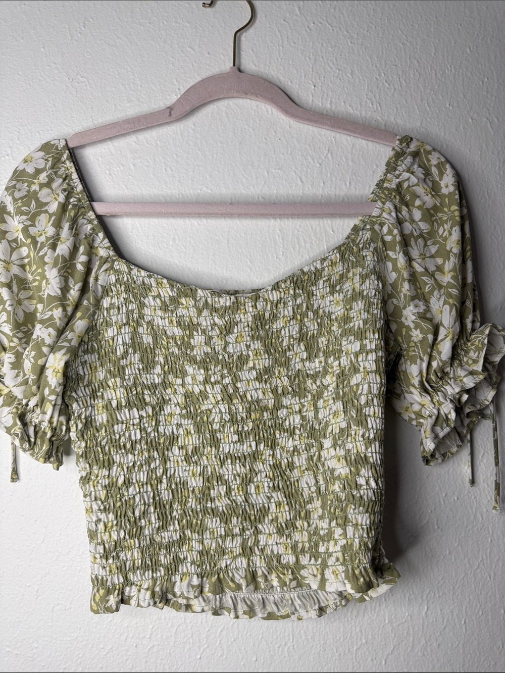 Lush Olive Green & White Smocked Floral Puff-Sleeve Top